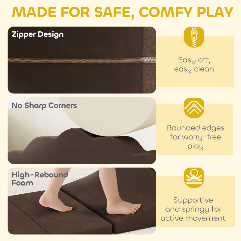 AIYAPLAY Kids Soft Play Set, 7 Piece Foam Climbing Blocks, Brown