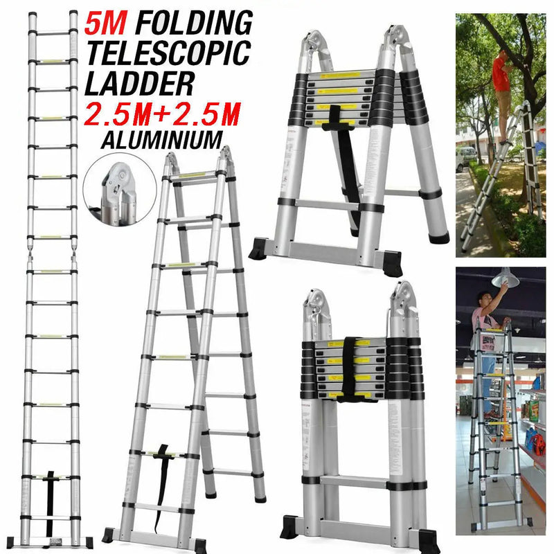 DayPlus Telescopic Aluminium 2.6M-5M Folding Step Ladder,Multi-purpose,Non-slip,Extendible,Rungs,Lightweight,150kg Load Capacity