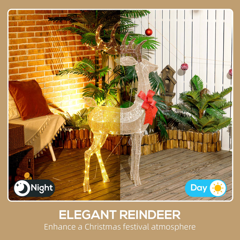 Outsunny Lighted Reindeer Christmas Decoration w/ Stakes Zip Ties Gold Tone