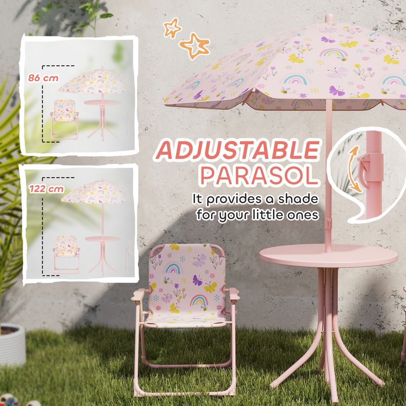 AIYAPLAY Kids Garden Table and Chair Set, Outdoor Patio Set w/ Parasol, Pink