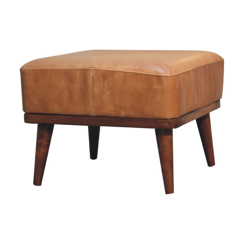 Artisan Furniture Solid Mango Wood Tan Buffalo Leather Tan Footstool