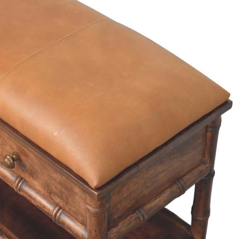 Artisan Furniture Solid Wood Upholstered Bamboo Carved Storage, 2 Drawers, 1 Shelf, Brown