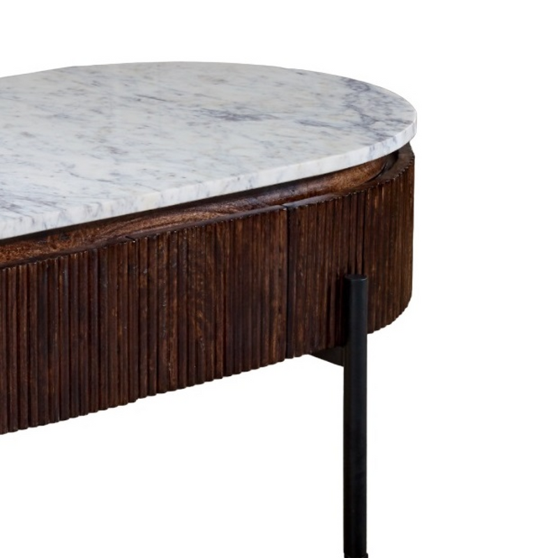 Opal Mango Wood Rectangular Fluted Coffee Table With Marble Top & Metal Legs