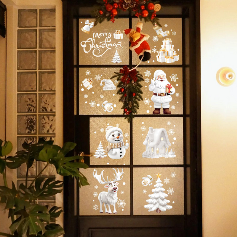 Nepfaivy Christmas Window Stickers Reusable 190Pcs - Double Sided Xmas Window Stickers Christmas Scene, White Christmas Snowflake Reindeer Stickers, Static Window Clings for Christmas Decorations