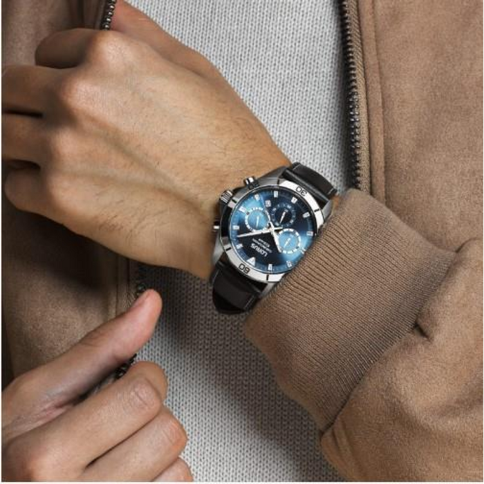 Lorus Mens Fashion Sports Chronograph Date Grey/Blue sunray Dial Black Leather strap Watch RT341KX9