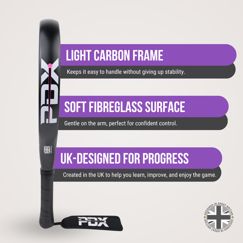 PDX Aurora Beginner Padel Racket | Complimentary Racket Carrier Bag | 30% Carbon 70% Fibreglass | 355g Round | Control