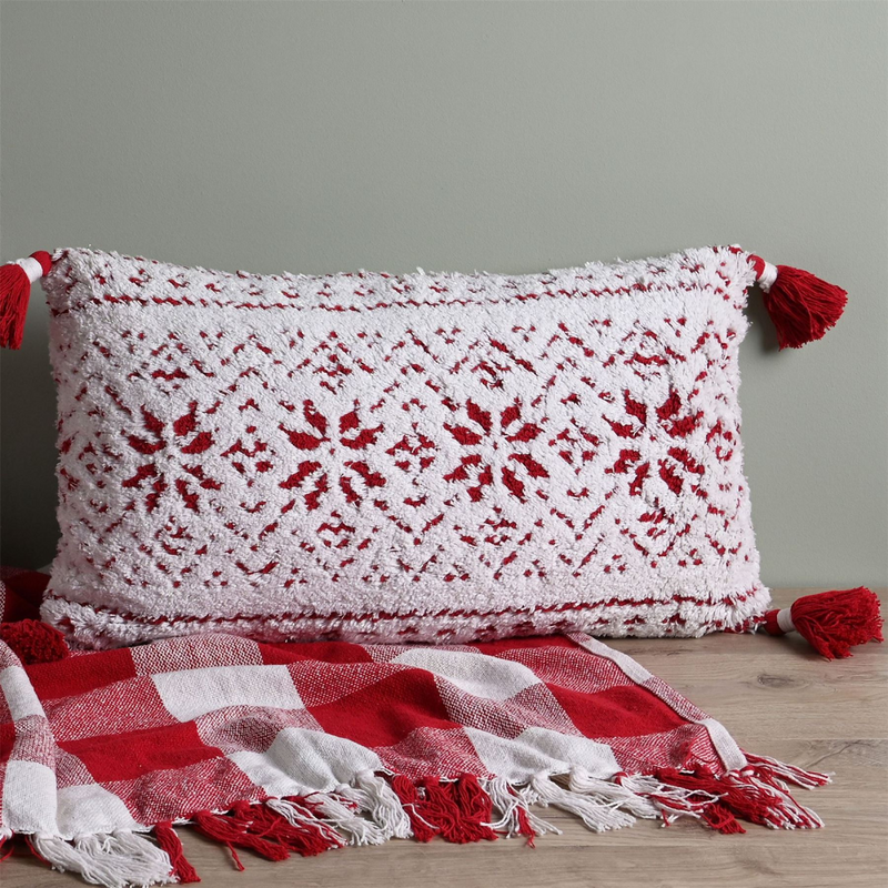 Red Snowflakes Rectangular Tufted Cushion