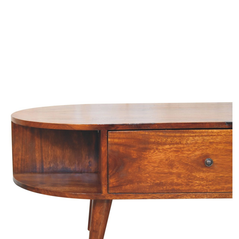 Artisan Furniture Solid Wood Chestnut Oval Coffee Table, 1 Drawer and 2 Open Slots, Dark Brown