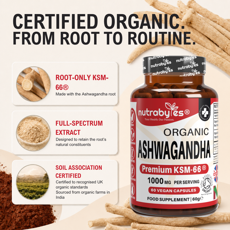 Organic Ashwagandha KSM66® 1000mg Per Serving with Organic Black Pepper, Certified Organic by Soil Association