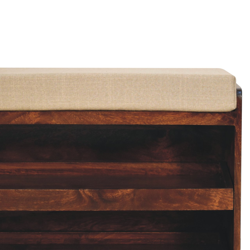 Artisan Furniture Solid Wood California Walnut & Mud Linen Pull out Shoe Bench, Upholstered, 2 Shelves, Brown