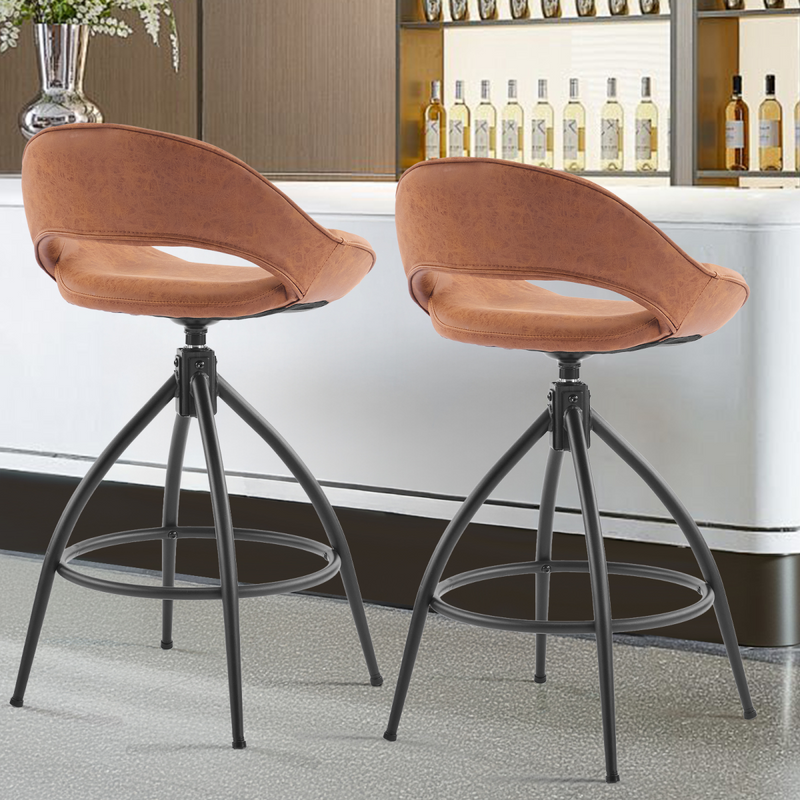 2pcs hollow backrest PU spray-coated bent iron feet bar stool brown with swivel