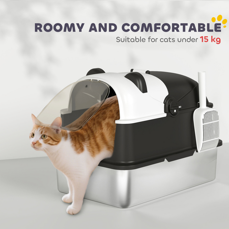 PawHut XL Stainless Steel Litter Box Tray with Lid, Panda Style