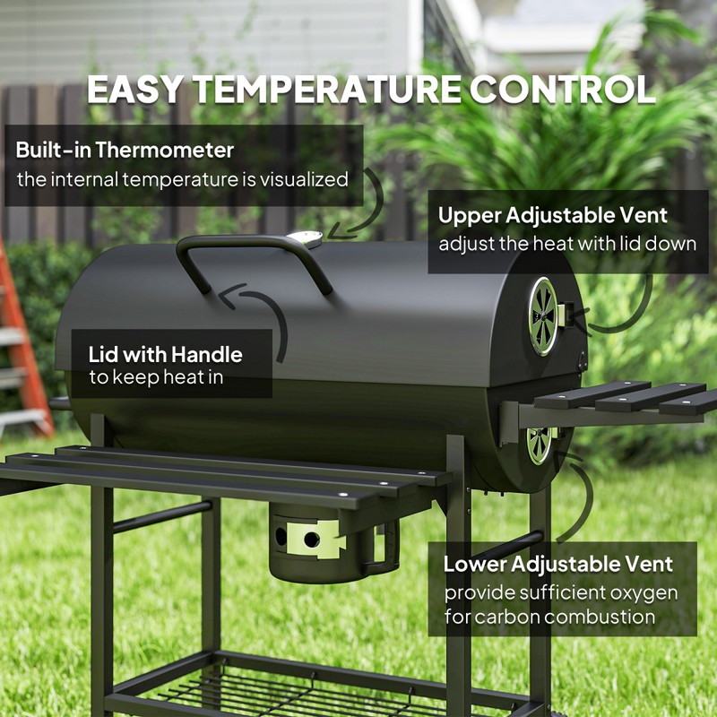 Outsunny Charcoal BBQ Grill with Warming Rack Shelves Temperature Gauge
