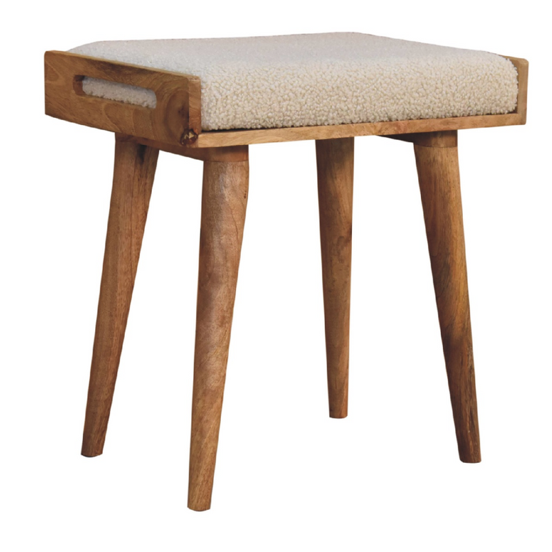 Artisan Furniture Solid Mango Wood Boucle Cream Tray Style Footstool