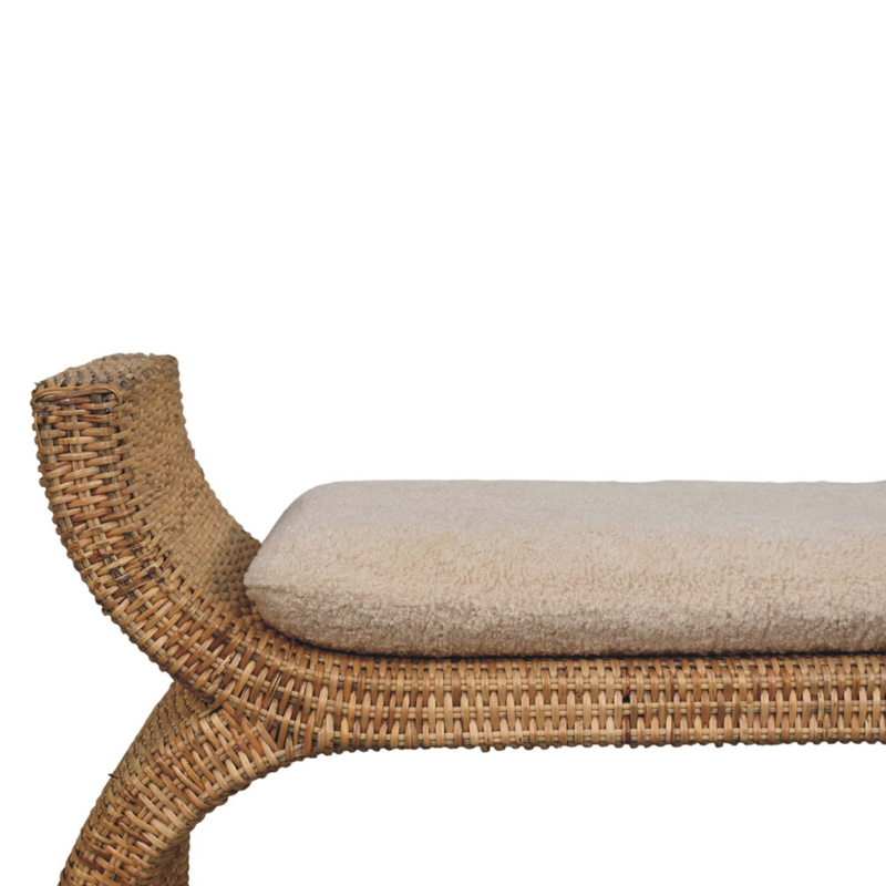 Artisan Furniture Solid Wood Rattan Weave Boucle Bench, Upholstered, Brown & Cream