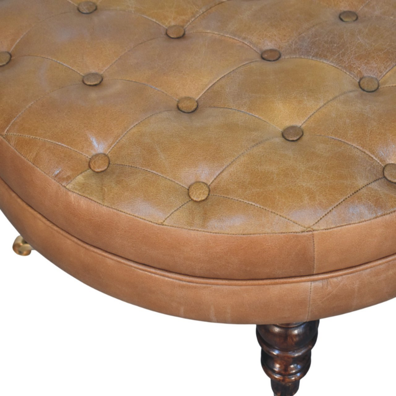 Artisan Furniture Solid Wood Brown Buffalo Leather Round Ottoman with Castor Legs, Brown