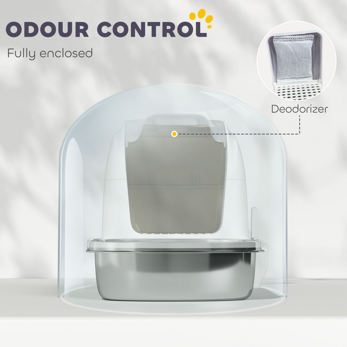 PawHut Stainless Steel Cat Litter Tray with Lid