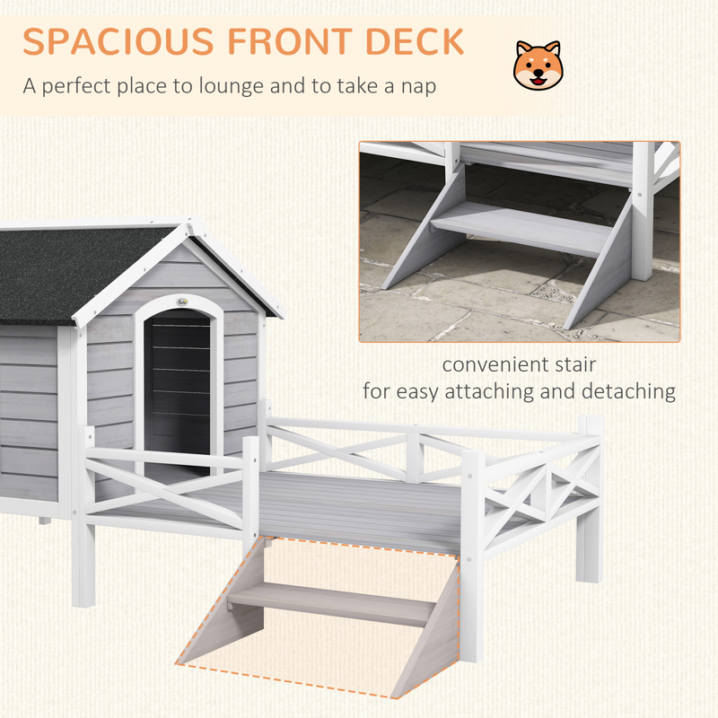 PawHut Wooden Dog House w/ Porch, Water-resistant Roof, for S M Dogs, Grey