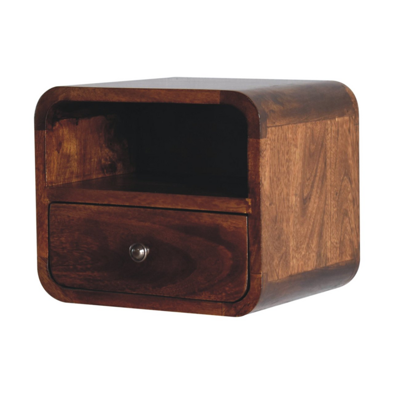 Artisan Furniture Solid Wood Extra Mini Wall Mounted Curved Chestnut Bedside with Open Slot