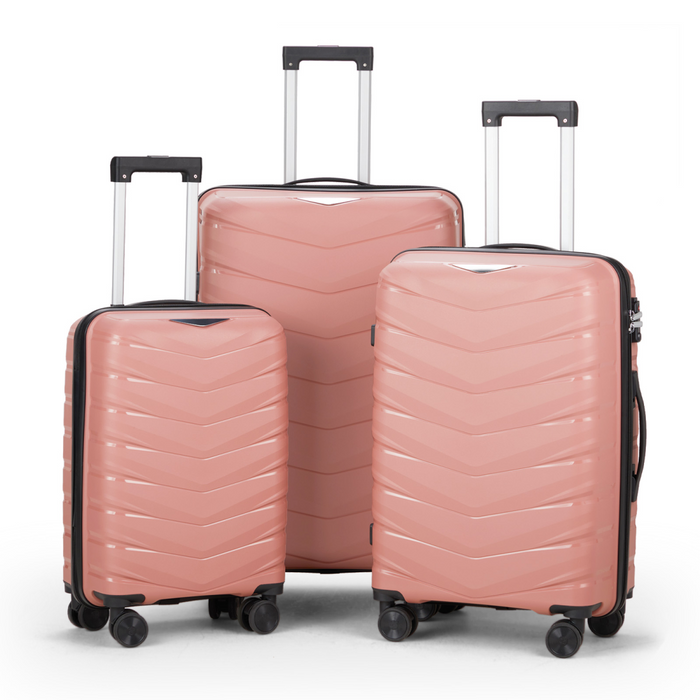 V-shaped stripes 3-in-1 PP trolley case 20in 24in 28in PP iron trolley fashionable colour - rose gold (grain pattern)