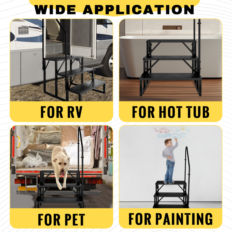 RV Step Stool, 3 Step Ladder, Hot Tub Steps with Handrail, Portable Pool Ladder, 660Lbs Heavy Duty Ladder Shelf Outdoor Mobile Home Stairs for Camper/Porch/SPA Pool/Pet Stairs