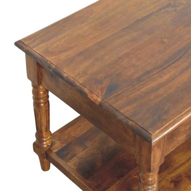 Artisan Furniture Solid Wood Turned Legs Chestnut Coffee Table, 2 Drawers and 1 Shelf, Dark Brown
