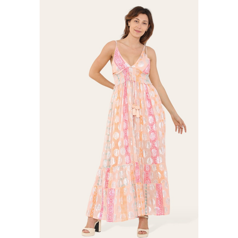 Elegant Long Strappy Dress with Silver Circular Print