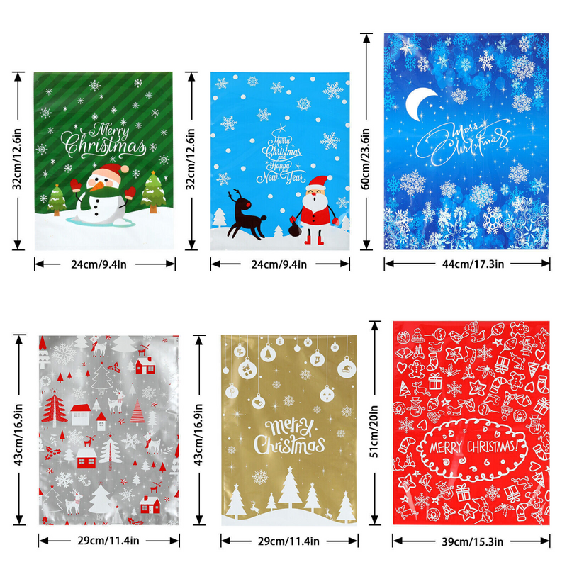 30pcs Christmas Gift Bags Santa Printed Packaging Xmas Treat Foil Drawstring Bag