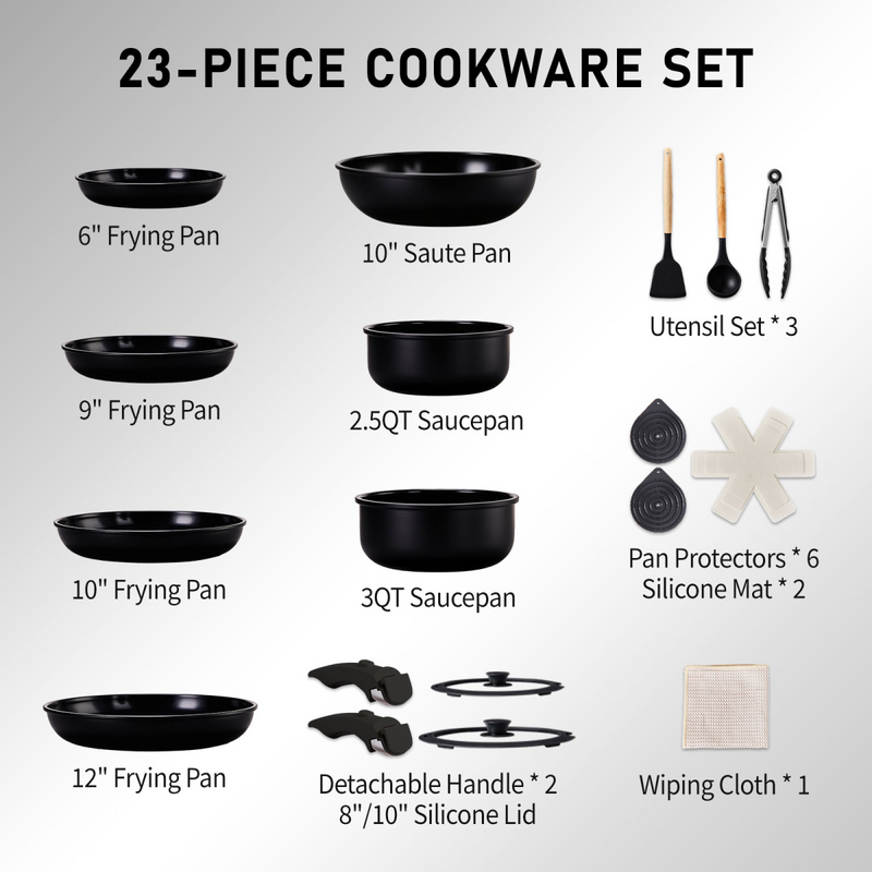 23-Piece Aluminum Cookware Set, Black Non-Stick Pots and Pans Set with Removable Handles - 7 Pots & 2 Lids, Compatible with Induction, Gas, Electric Stoves, Ideal for Home Kitchen & Outdoor Camping