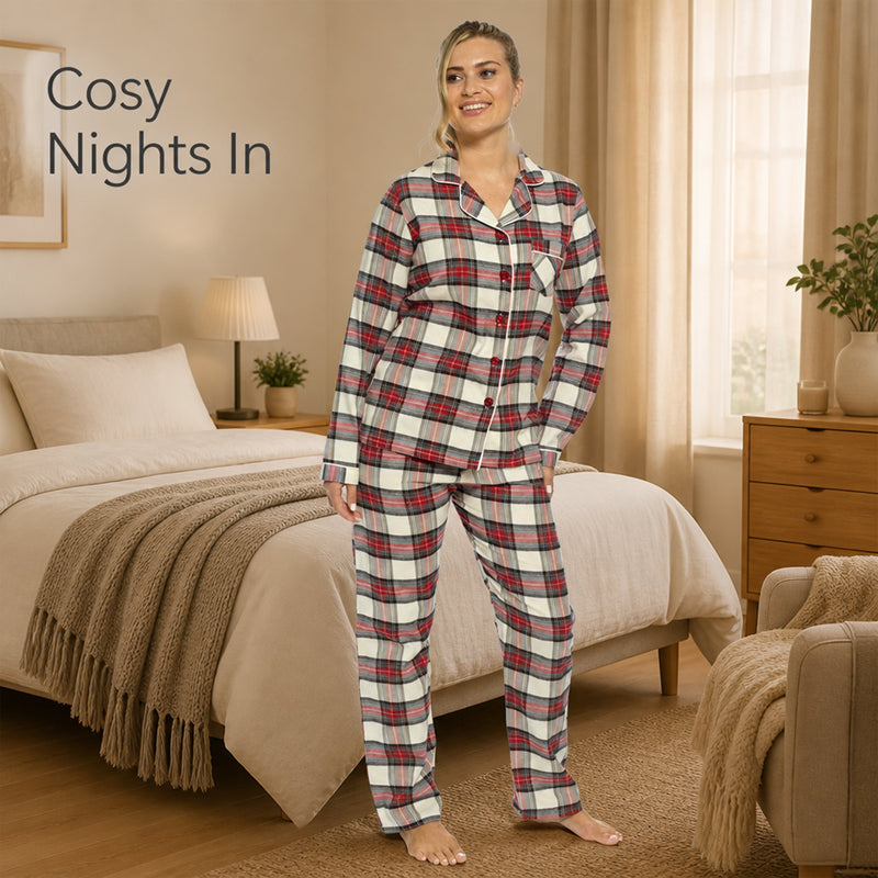 Women's Soft Brushed Cotton Flannelette Pajama Set with Elastic Waistband Cozy Check Pattern Sleepwear for All Seasons Small to XLarge by Daisy Dreamer