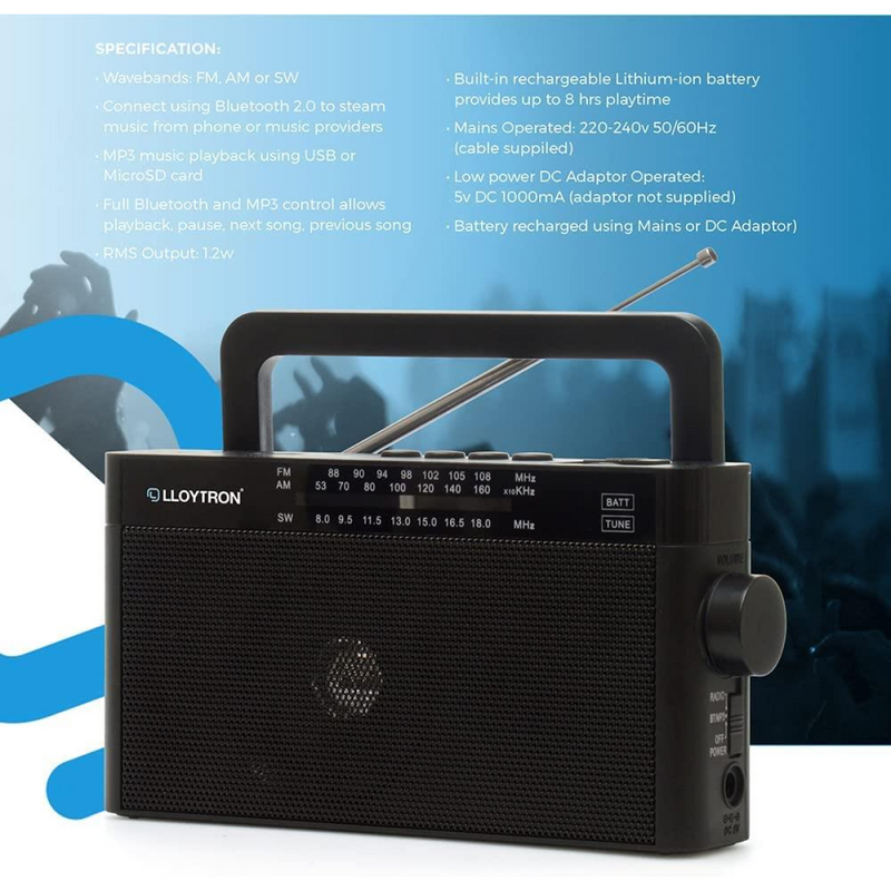 Lloytron Rhapsody Rechargeable Portable AM/FM/SW Radio with BT