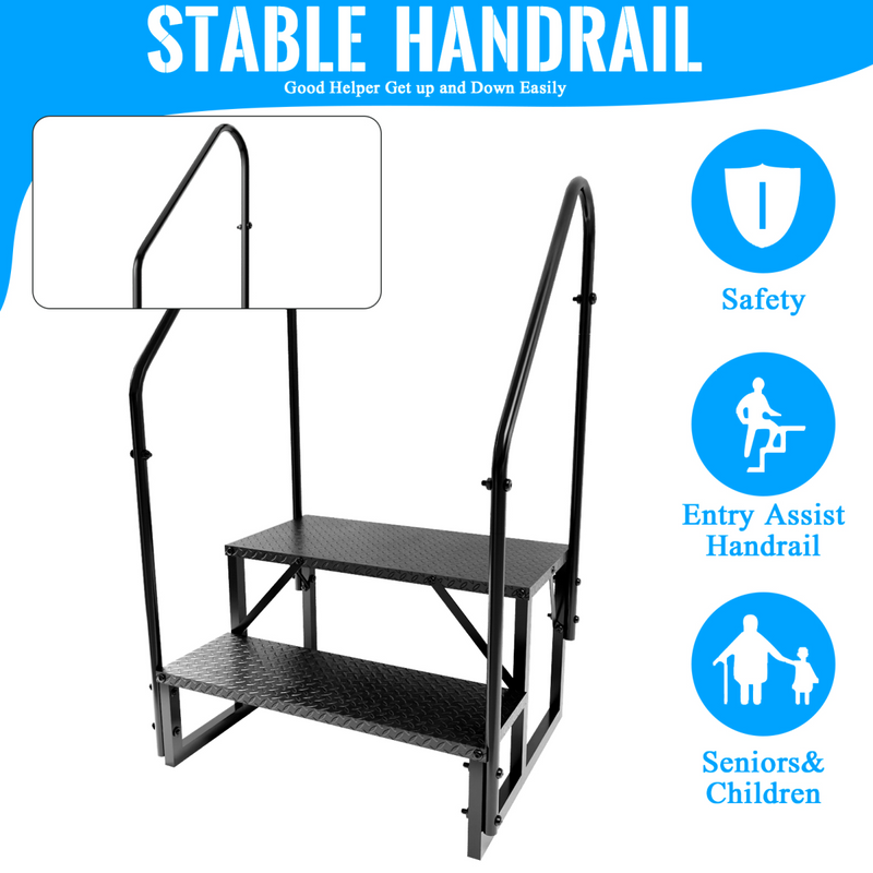 RV Step Stool, 2 Step Ladder, Hot Tub Steps with 2 Handrails, Heavy Duty Ladder Shelf Bookcase, 5th Wheel RV Mobile Home Stairs for Camper/Porch/SPA Pool/Pet Stairs