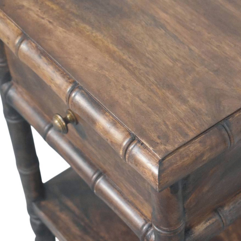 Artisan Furniture Solid Wood Bamboo Carved Bedside Table, 1 Drawer, 1 Shelf, Brown
