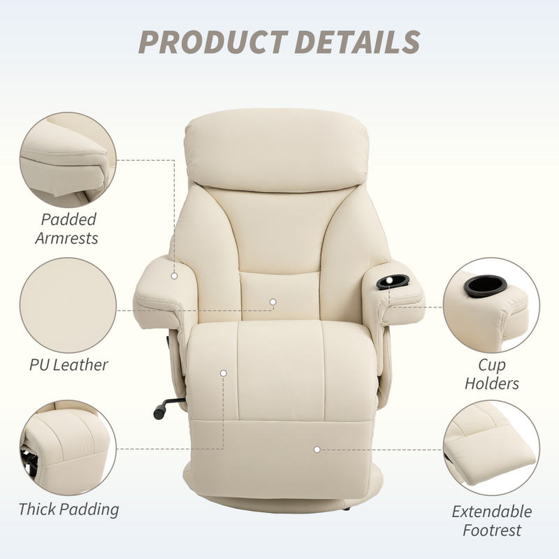 HOMCOM Manual Recliner Swivel Lounge Chair with Footrest, Cream White