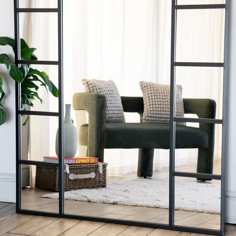 Mio - Full Length Black Metal Arched Window Mirror - 180cm x 90cm.