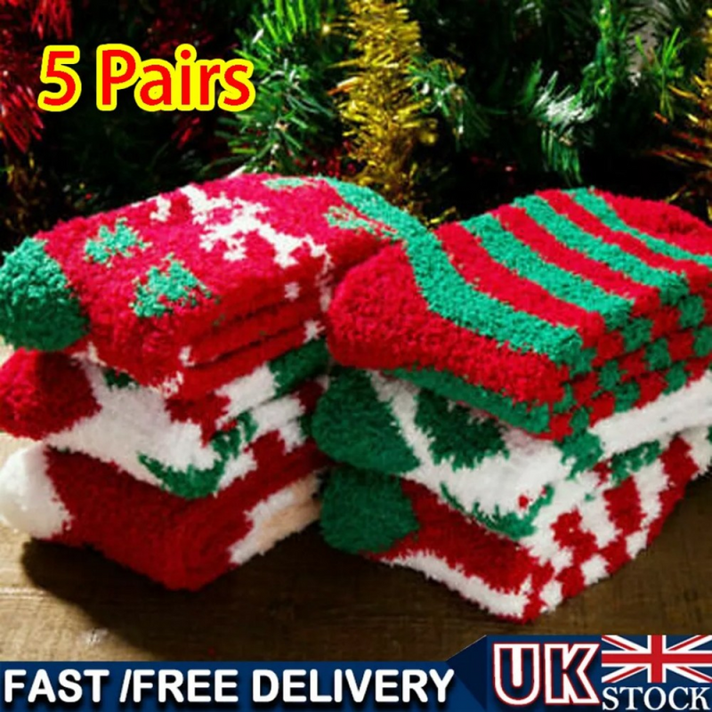 5 Pairs Christmas Soft Ladies Fluffy Lounge Cosy Bed Socks Winter Warm Gift Bag