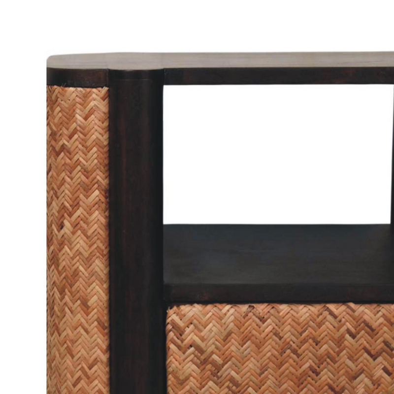 Artisan Furniture Solid Wood Rattan Curve Edge Nightstand, 2 Drawers, 1 Shelf, Brown