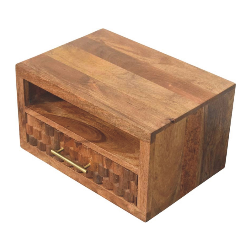 Artisan Furniture Solid Wood Arno Wall-Mounted Nightstand in Golden Teak, Drawer And Open Shelf, Brown