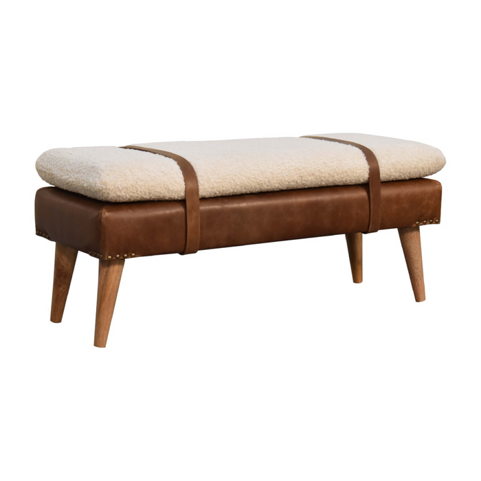 Artisan Furniture Solid Wood Boucle Buffalo Hide Leather Bench