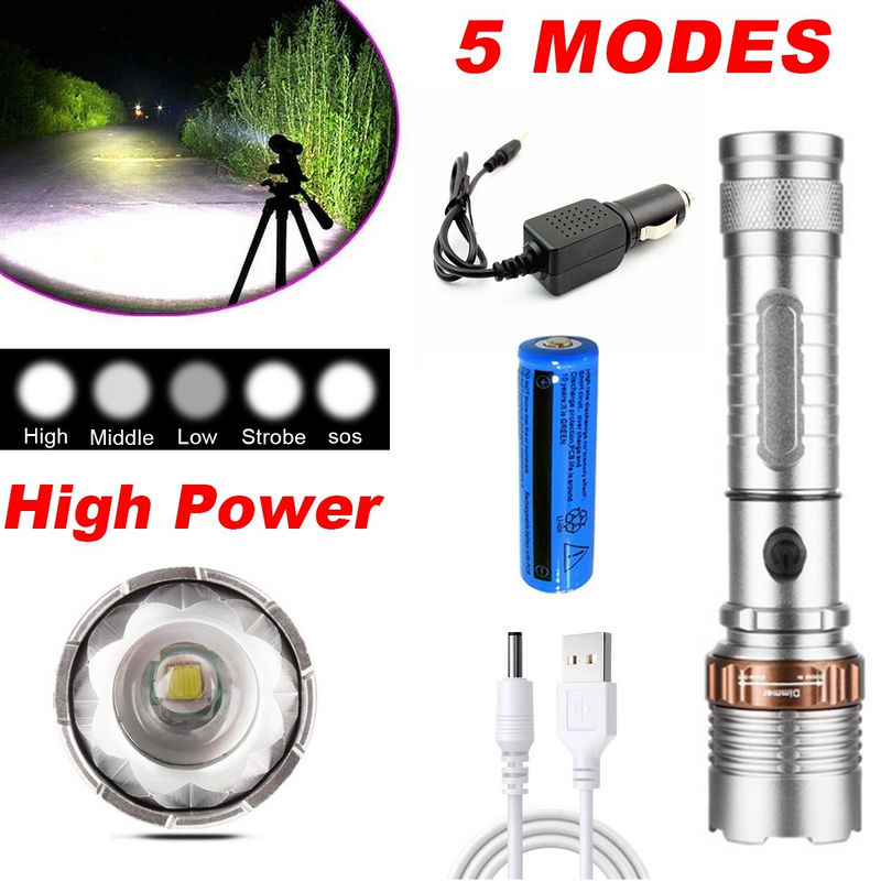 USB Rechargeable LED Flashlight Lamp 5-Modes Zoomable Hiking Camping Outdoor Torch +Batt+ USB Cable + Car Char
