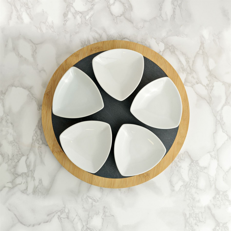 Set of 5 Ceramic Dishes with Round Slate Tray