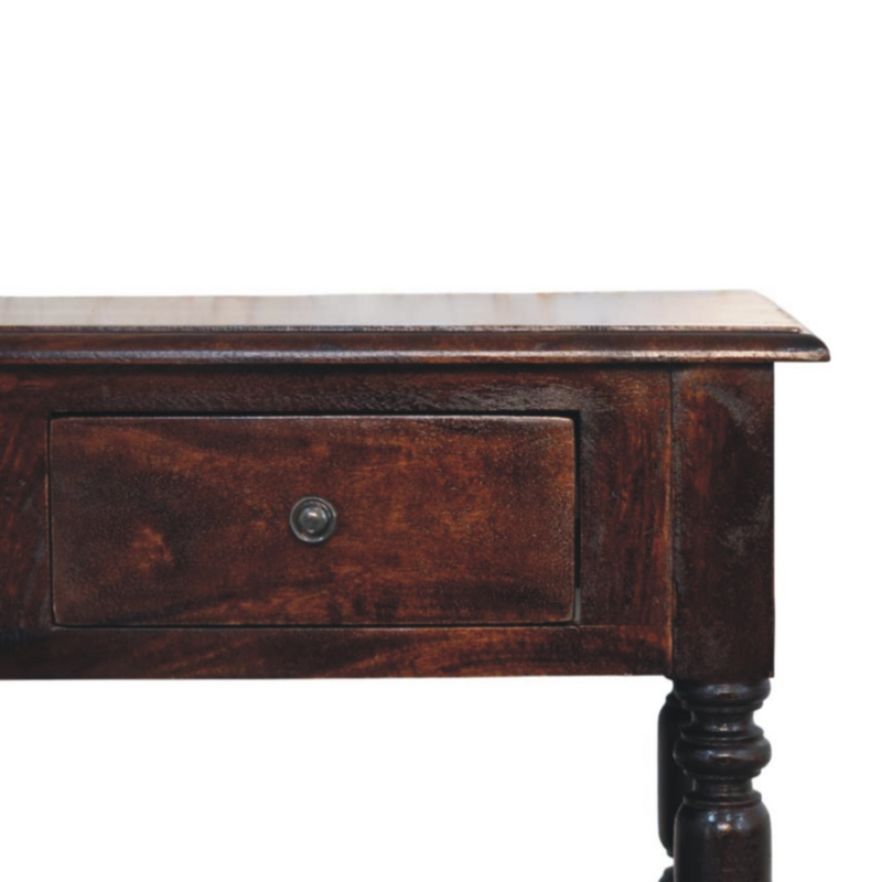 Artisan Furniture Solid Wood Turned legs Cherry Side Table, 2 Drawers, 2 Shelves, Dark Brown
