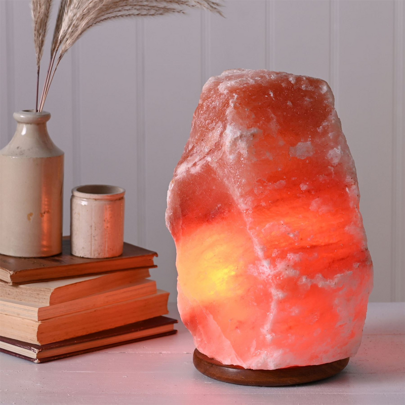 Large Rock Salt Lamp on Wooden Base