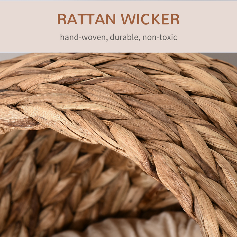 PawHut Elevated Kitten Hooded Rattan Cat House Basket Cushion, 52x42x60cm Brown