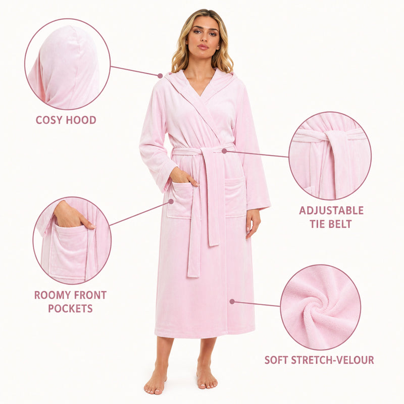 Elegant Women's Hooded Velour Robe Ultra-Soft Luxurious Bathrobe Perfect for Lounging Spa and Gym in Pink and Grey Adjustable Fit Multiple Sizes by Daisy Dreamer