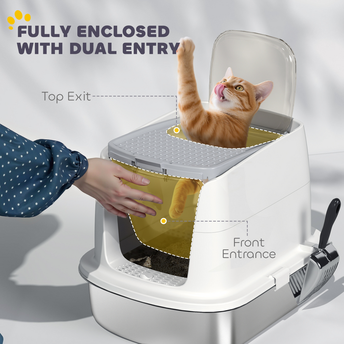 PawHut Stainless Steel Litter Box, Enclosed Metal Cat Litter Tray with Scoop