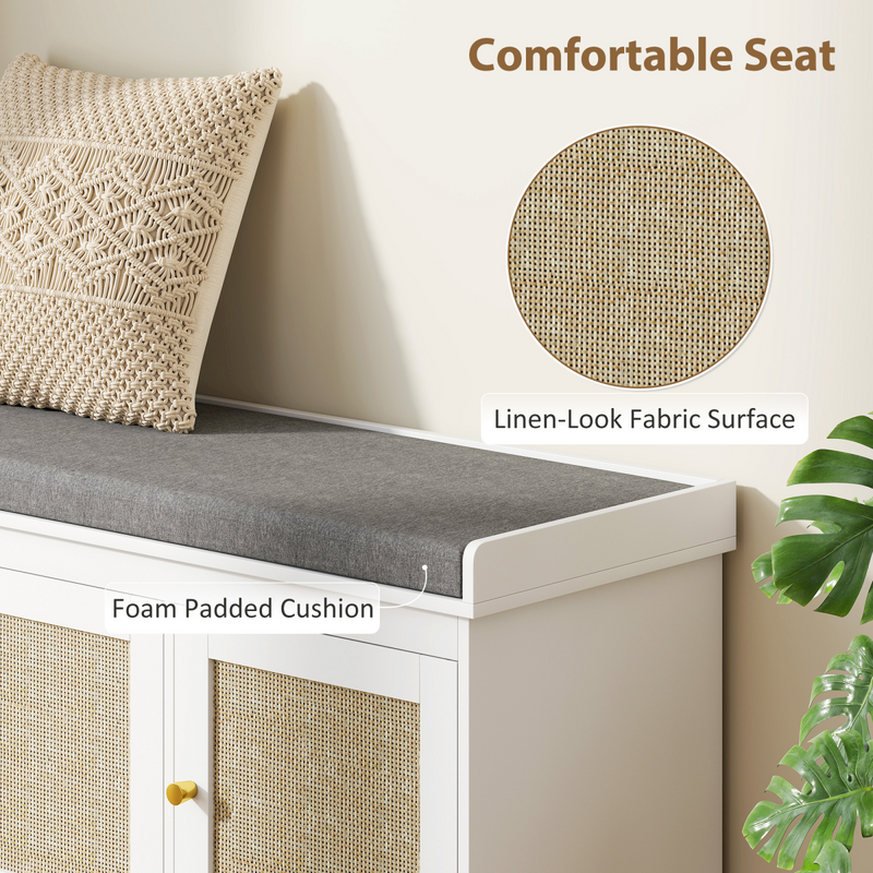 HOMCOM Shoe Storage Bench with Rattan Doors, Cushion, Entryway Shoe Bench