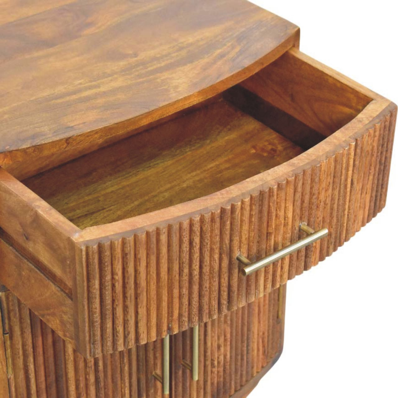 Artisan Furniture Solid Wood Solid Wood Curved Ribbed Bedside, 1 Drawer And 2 Shelfs, Brown