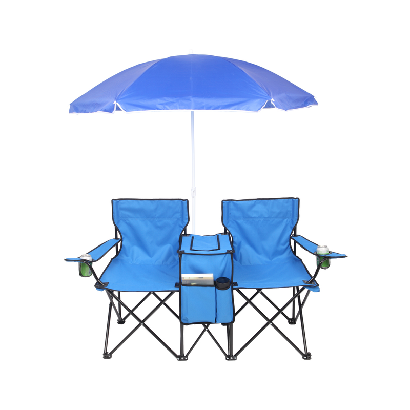 Portable Outdoor 2-Seat Folding Chair with Removable Sun Umbrella Blue