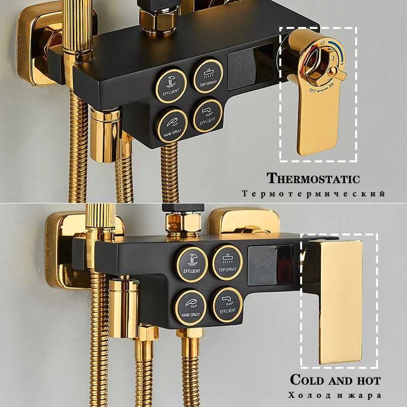 4-Function Button Digital Display Shower Faucet Set Chrome Rain Shower Column Constant Temperature Shower Wall Mounted